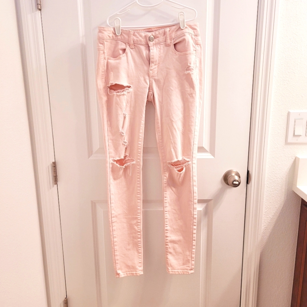 American Eagle Super Stretch Distressed Cotton Light Pink Jeggings 4 Regular